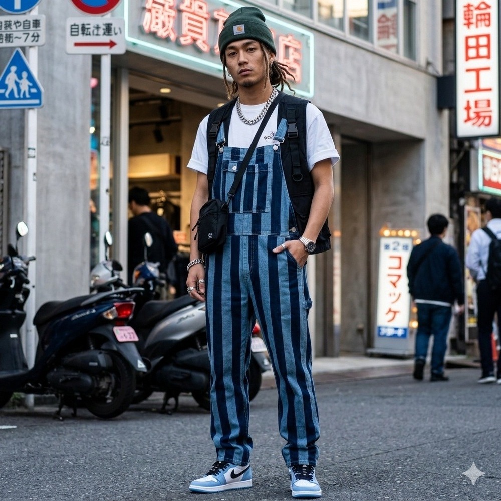 boohooMAN Mens Slim Fit Striped Denim Dungarees Overalls Large NWT Streetwear